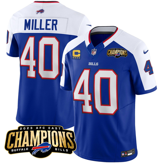 Men's Buffalo Bills #40 Von Miller Blue/White 2023 F.U.S.E. AFC East Champions With 4-star C Ptach Football Stitched Jersey
